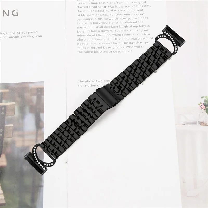 For Fitbit Versa 4 / Sense 2 Strap Seven Bead Stainless Steel Watch Band with Rhinestone Ox Horn Style Connector - Black