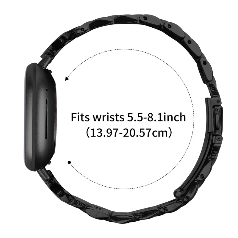 For Fitbit Versa 4 / Sense 2 Strap Seven Bead Stainless Steel Watch Band with Rhinestone Ox Horn Style Connector - Black