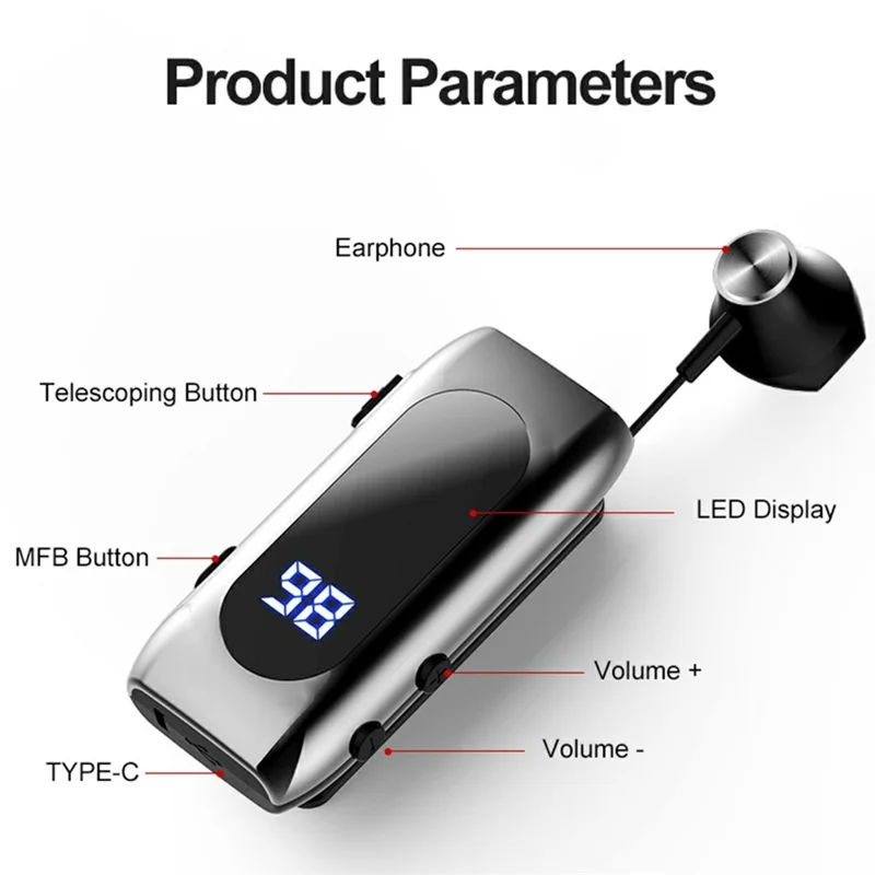 K55 Mono Bluetooth-Compatible Headset Wireless Vibration Business Clip On Telescoping Cable Semi In Ear Earphone - Grey