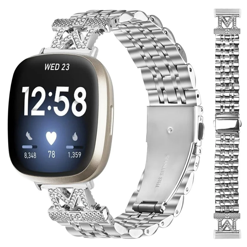 Watch Band For Fitbit Versa 3  /  Sense Stainless Steel Strap with Rhinestone Decor M-Shaped Connector - Silver