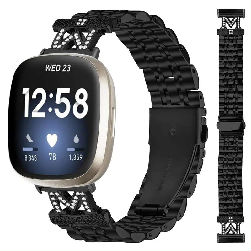 Watch Band For Fitbit Versa 3  /  Sense Stainless Steel Metal Strap with M Shape Connector Rhinestone Decor - Black