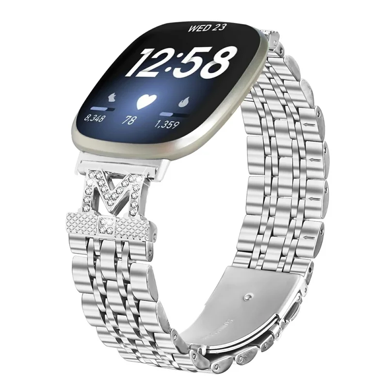Watch Band For Fitbit Versa 4  /  Sense 2 Stainless Steel Strap with Rhinestone Decor M-Shaped Connector - Silver