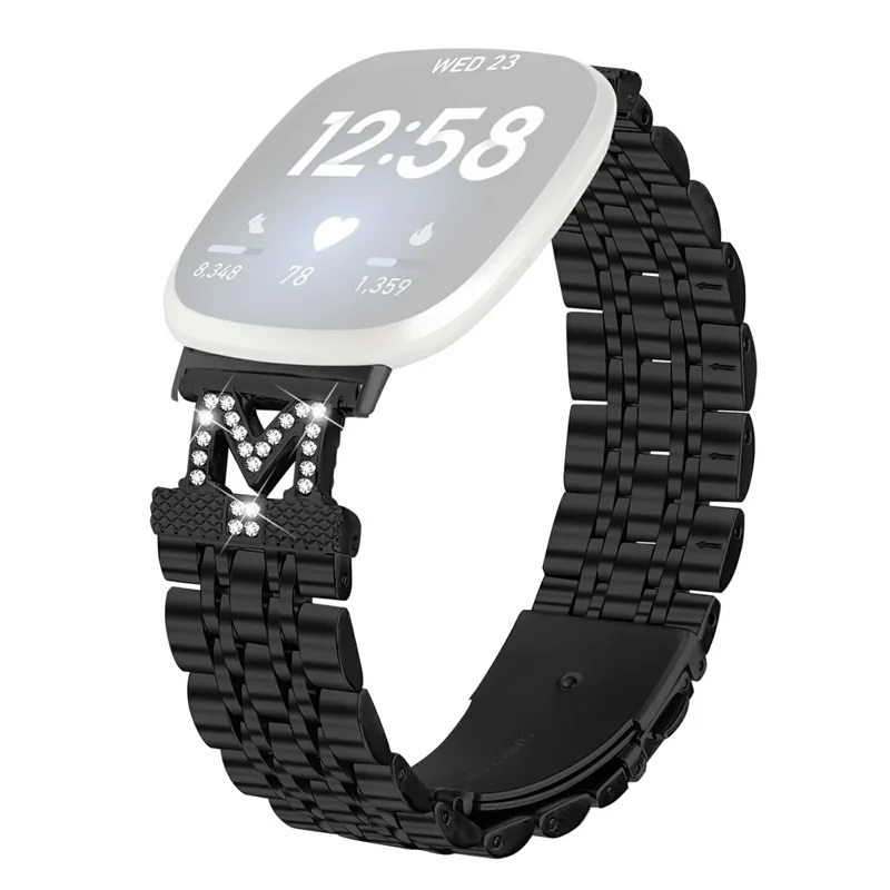 Watch Band For Fitbit Versa 4  /  Sense 2 Stainless Steel Metal Strap with M Shape Connector Rhinestone Decor - Black