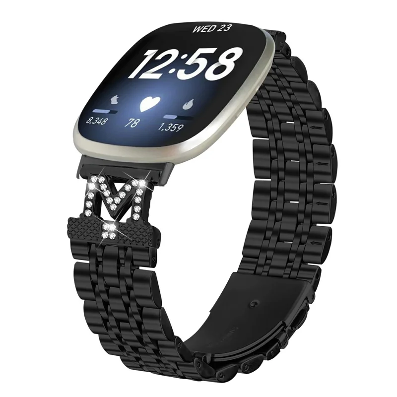 Watch Band For Fitbit Versa 4  /  Sense 2 Stainless Steel Metal Strap with M Shape Connector Rhinestone Decor - Black