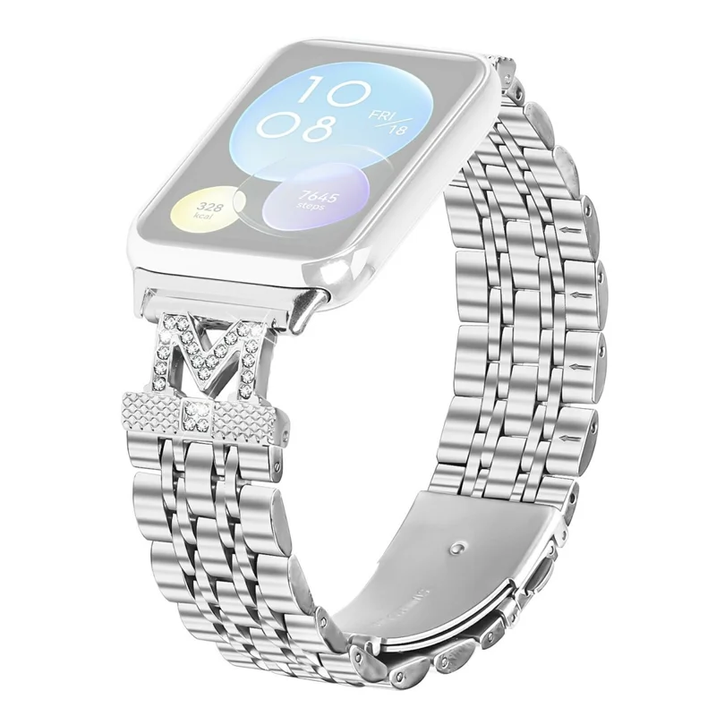 For Xiaomi Smart Band 8 Pro Watch Band Stainless Steel Strap with Rhinestone Decor M-Shaped Connector - Silver