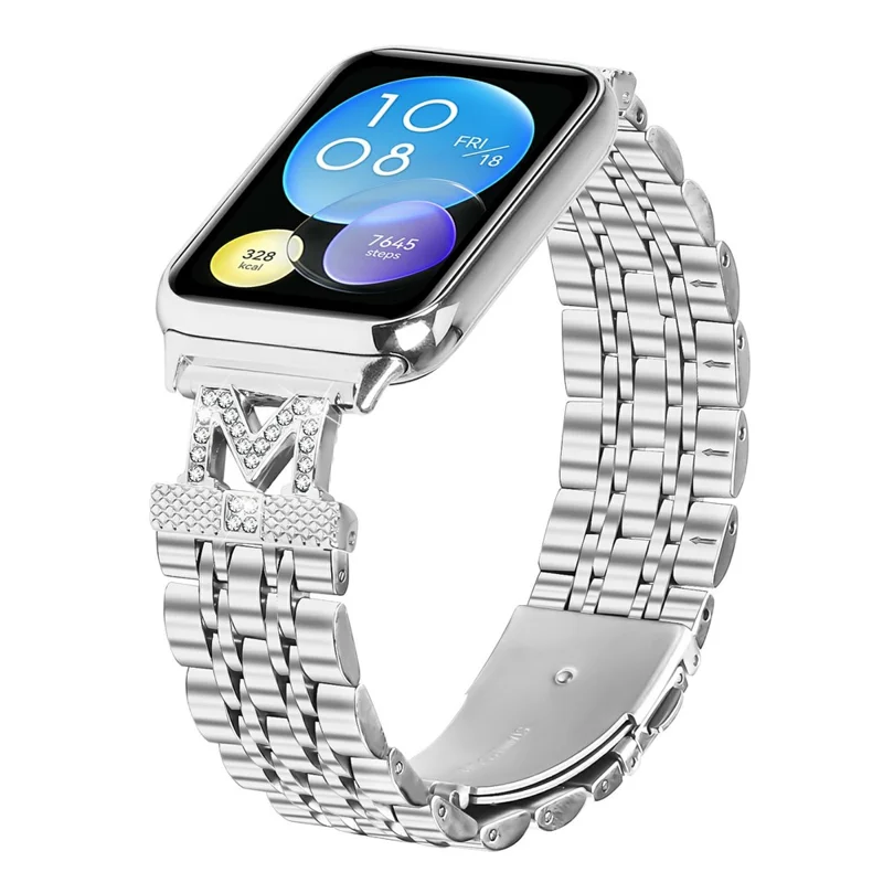 For Xiaomi Smart Band 8 Pro Watch Band Stainless Steel Strap with Rhinestone Decor M-Shaped Connector - Silver