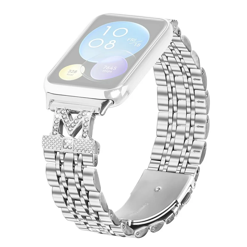 For Xiaomi Redmi Watch 4 Watch Band Stainless Steel Strap with Rhinestone Decor M-Shaped Connector - Silver