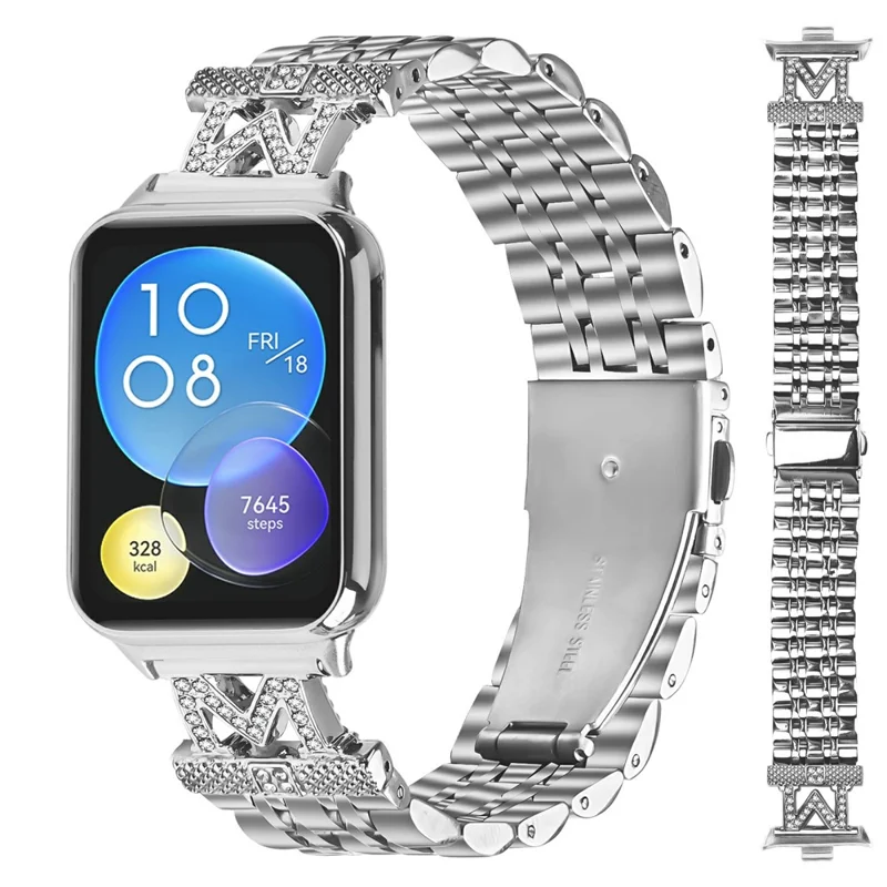 For Xiaomi Redmi Watch 4 Watch Band Stainless Steel Strap with Rhinestone Decor M-Shaped Connector - Silver