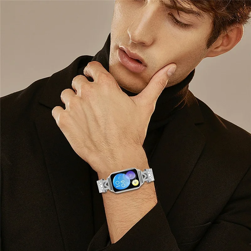 For Xiaomi Redmi Watch 4 Watch Band Stainless Steel Strap with Rhinestone Decor M-Shaped Connector - Silver