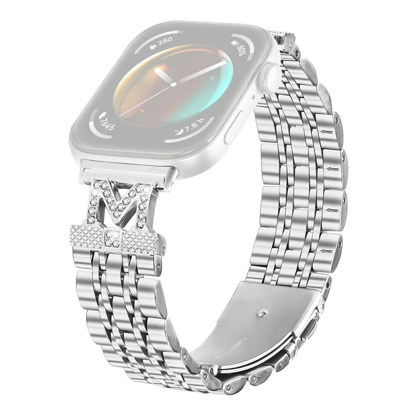 For Huawei Watch Fit 3 Watch Band Stainless Steel Strap with Rhinestone Decor M-Shaped Connector - Silver