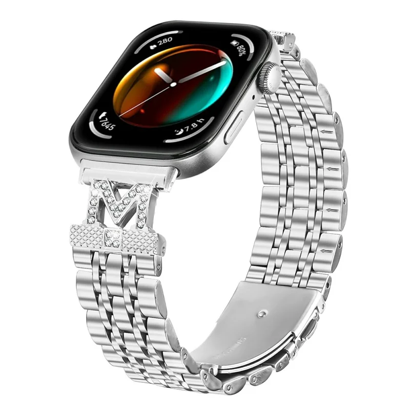 For Huawei Watch Fit 3 Watch Band Stainless Steel Strap with Rhinestone Decor M-Shaped Connector - Silver