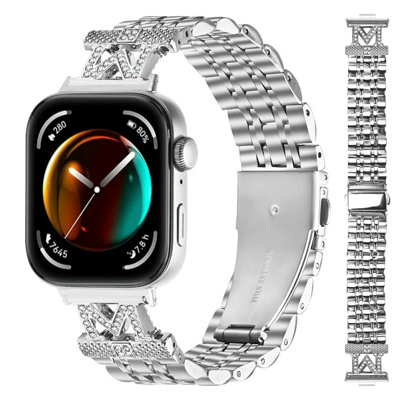 For Huawei Watch Fit 3 Watch Band Stainless Steel Strap with Rhinestone Decor M-Shaped Connector - Silver