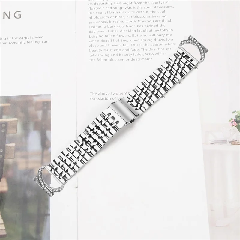 20mm Watch Band For Huami Amazfit Active 2S  /  Active 2  /  Active Seven Bead Stainless Steel Strap with Rhinestone Ox Horn Style Connector - Silver