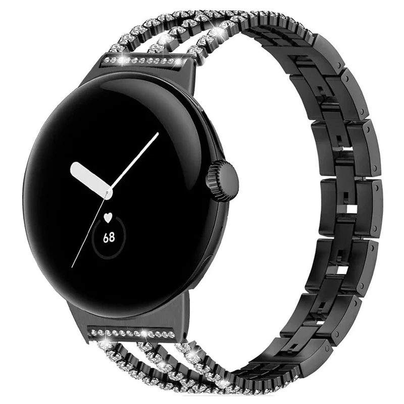 For Google Pixel Watch 4  /  3 45mm Watch Band Crystal Chain Jewelry Clasp Zinc Alloy Wrist Strap - Black
