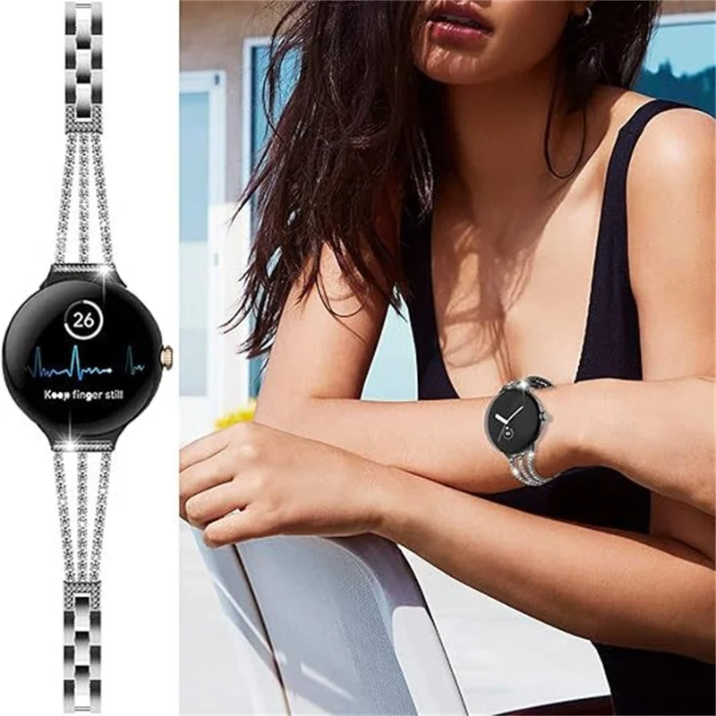 For Google Pixel Watch 4  /  3 45mm Watch Band Crystal Chain Jewelry Clasp Zinc Alloy Wrist Strap - Black