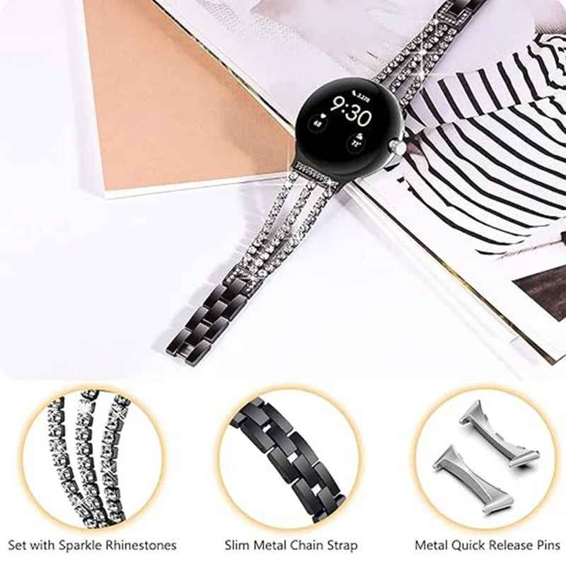 For Google Pixel Watch 4  /  3 45mm Watch Band Crystal Chain Jewelry Clasp Zinc Alloy Wrist Strap - Black