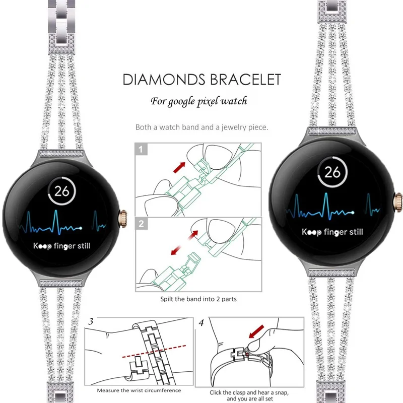 For Google Pixel Watch 4  /  3 45mm Watch Band Crystal Chain Jewelry Clasp Zinc Alloy Wrist Strap - Black