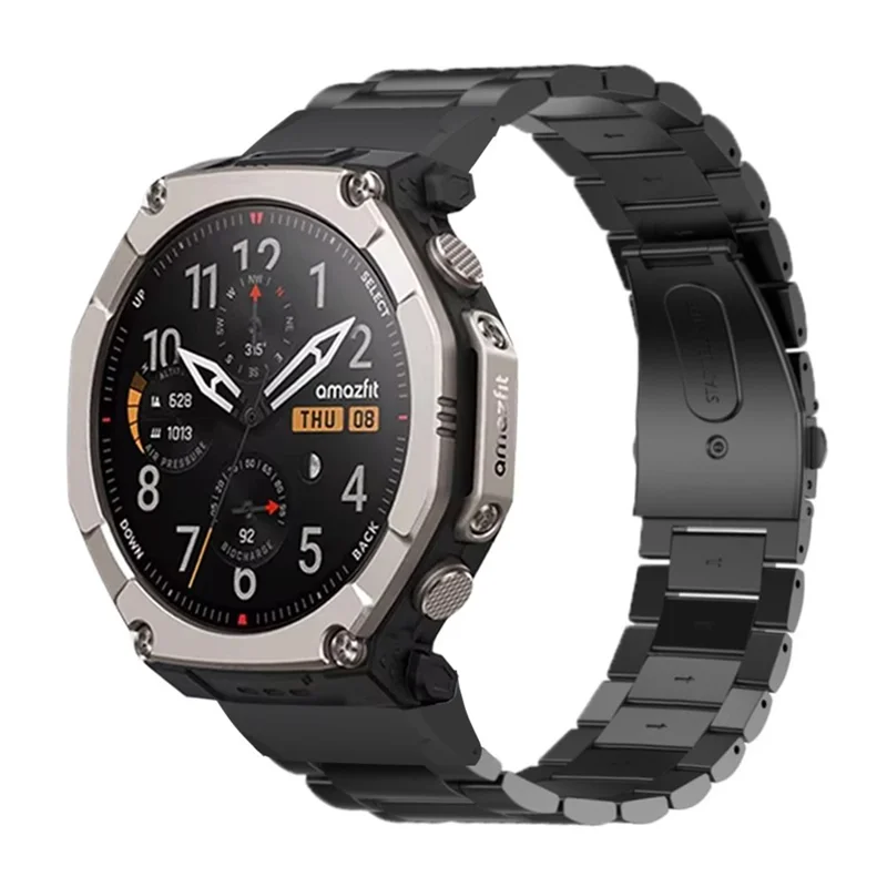 For Huami Amazfit T-Rex Ultra 2 26mm Metal Watch Strap Spring Folding Buckle 3 Bead Solid Wrist Band - Black