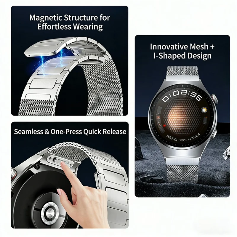 For Huawei Watch 4 Pro Stainless Steel Mesh Magnetic Wrist Strap Quick Release Band with I-Shaped Clasp - Titanium