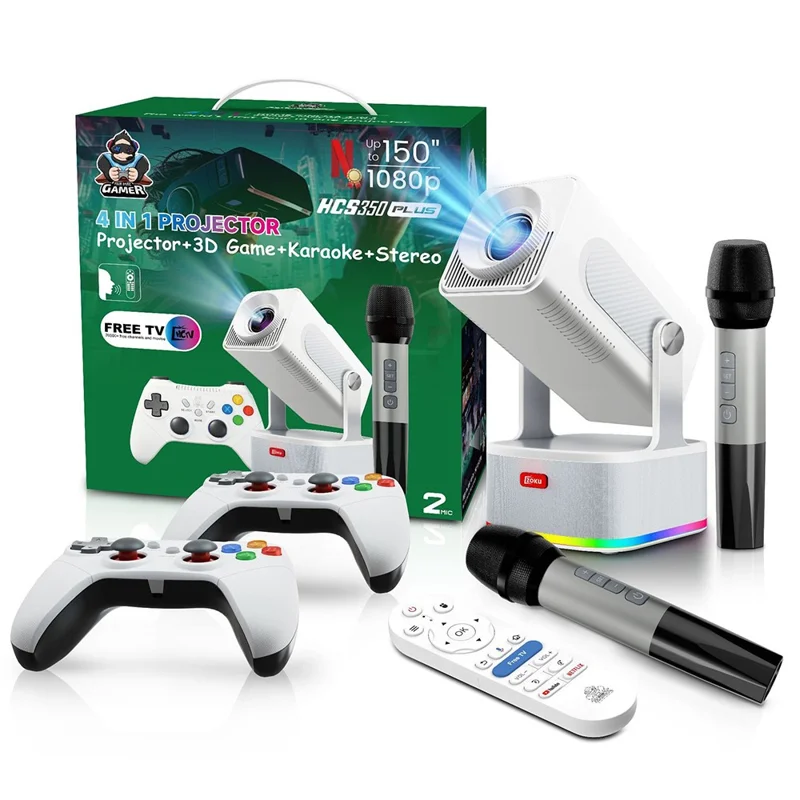 HCS350 PLUS 1080P 450 ANSI Projecteur Portable Android 11 avec Haut-parleur, Microphone et Manette de Jeu - Prise US