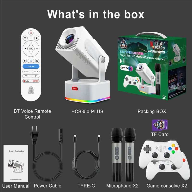 HCS350 PLUS 1080P 450 ANSI Projecteur Portable Android 11 avec Haut-parleur, Microphone et Manette de Jeu - Prise US