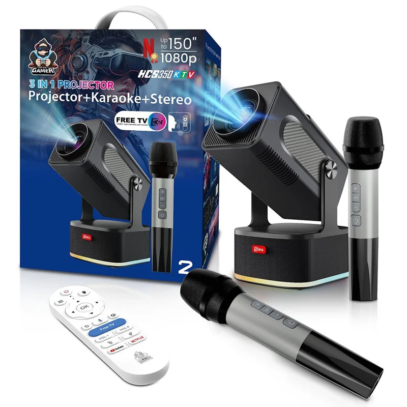 HCS350 450 ANSI 1080P HD Projecteur avec Karaoké, Haut-parleur, Home Cinéma, Microphone et Télécommande Vocale - Prise US