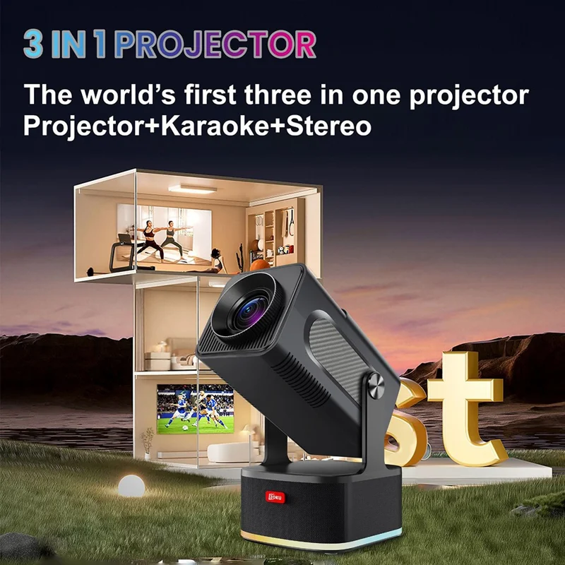 HCS350 450 ANSI 1080P HD Projecteur avec Karaoké, Haut-parleur, Home Cinéma, Microphone et Télécommande Vocale - Prise US