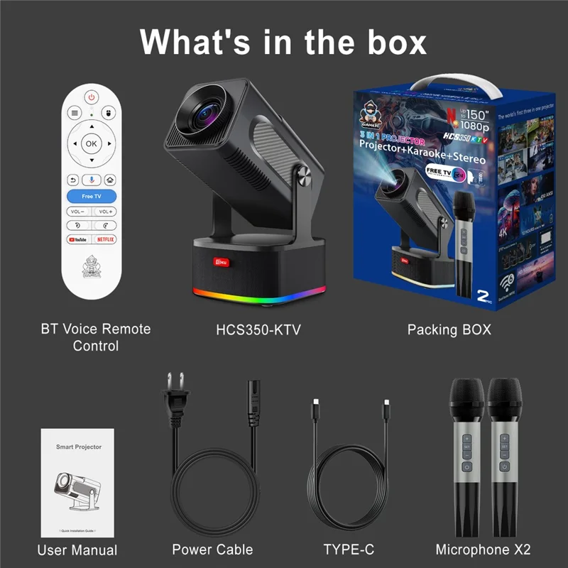 HCS350 450 ANSI 1080P HD Projecteur avec Karaoké, Haut-parleur, Home Cinéma, Microphone et Télécommande Vocale - Prise US