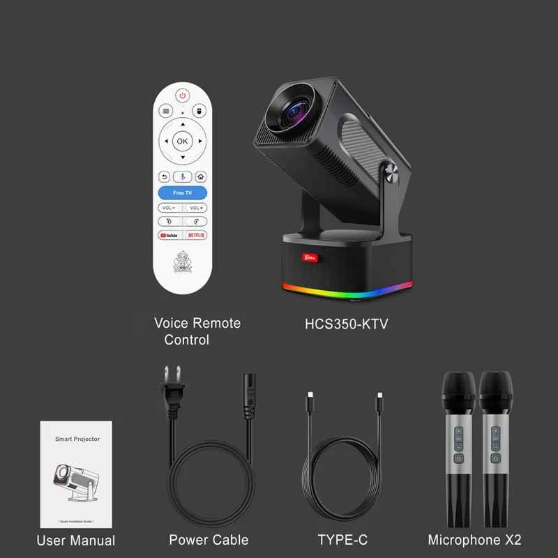 HCS350 450 ANSI 1080P HD Projector Karaoke Speaker Home Cinema with Microphone and Voice Remote - EU Plug