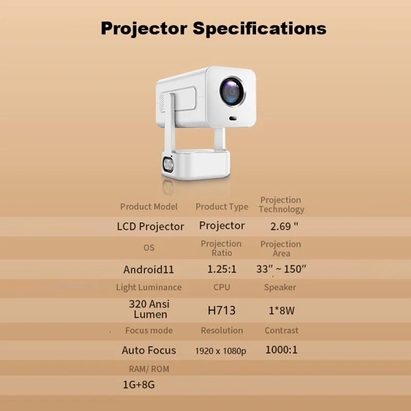 IMC360 LCD Projector 320 ANSI Lumen 1080P WiFi 6 Android 11 1GB+8GB Autofocus Projector for Home Theater, Single Speaker - White  /  EU Plug