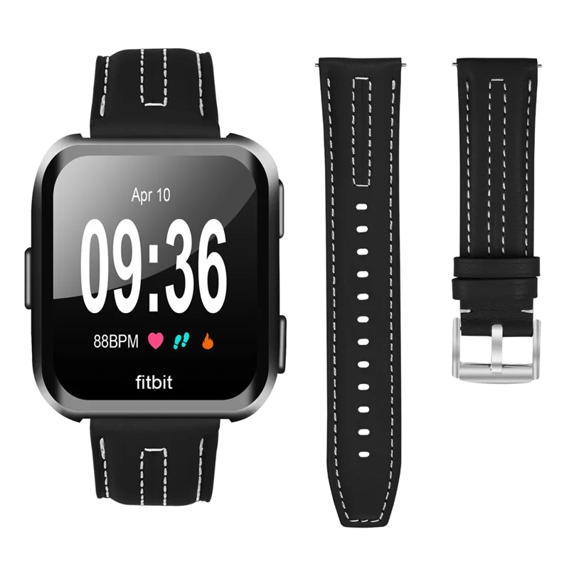Leather Watch Band for Fitbit Versa  /  Versa Lite  /  Versa 2 Wristband Replacement with Stitching - Black