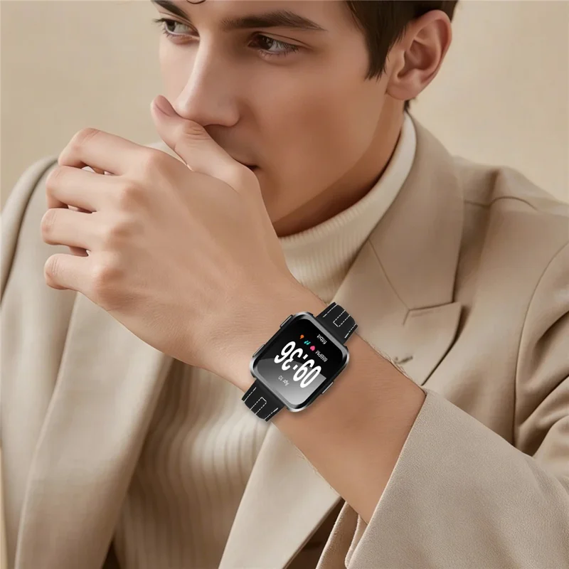 Pulseira de Couro para Fitbit Versa 3 / Sense, Substituição da Pulseira com Costura - Preto