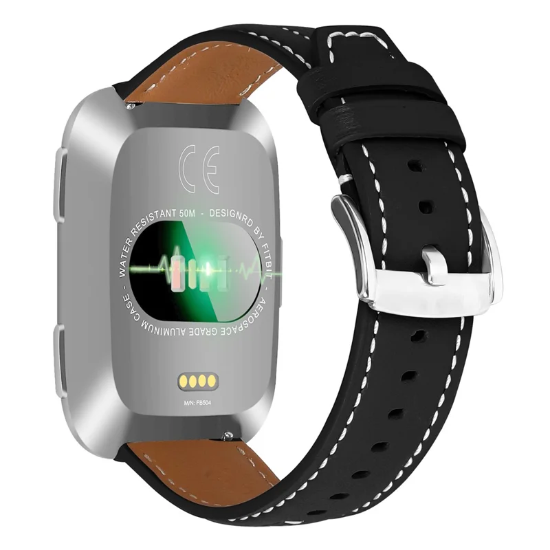 Leather Watch Band for Fitbit Versa 4  /  Sense 2 Wristband Replacement with Stitching - Black