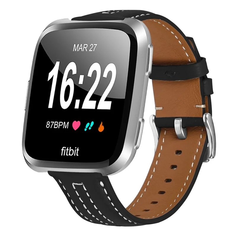 Leather Watch Band for Fitbit Versa 4  /  Sense 2 Wristband Replacement with Stitching - Black