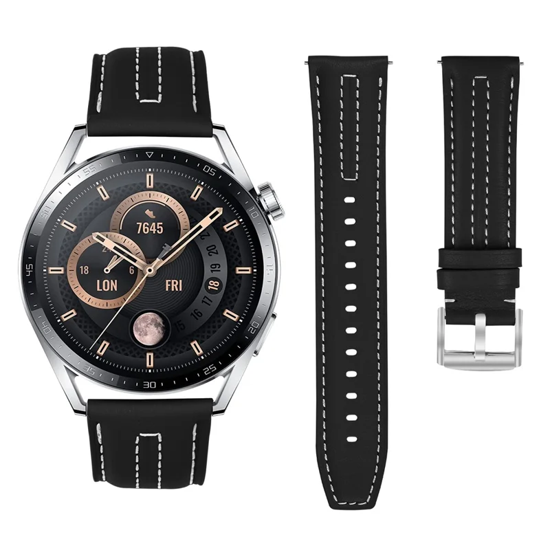 22mm Leather Watch Band for Samsung Gear S3 Wristband Replacement with Stitching - Black