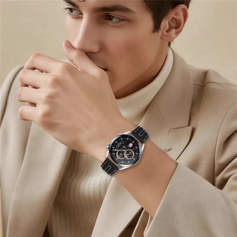 Cinturino in pelle da 22 mm per Honor Magic Watch 2, cinturino di ricambio con cuciture - Nero