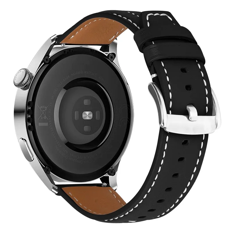 22mm Leather Watch Band for Haylou Solar LS05 Wristband Replacement with Stitching - Black