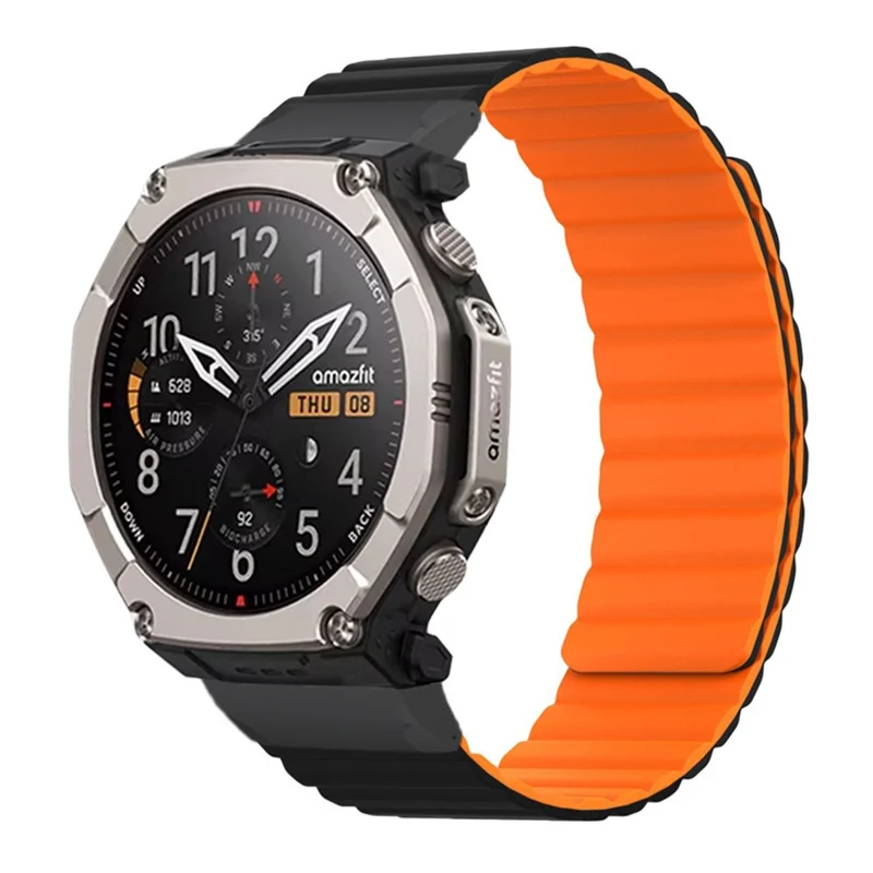 For Huami Amazfit T-Rex Ultra 2 Magnetic Silicone Strap 26mm Quick Release Spring Bar Watch Band - Black / Orange
