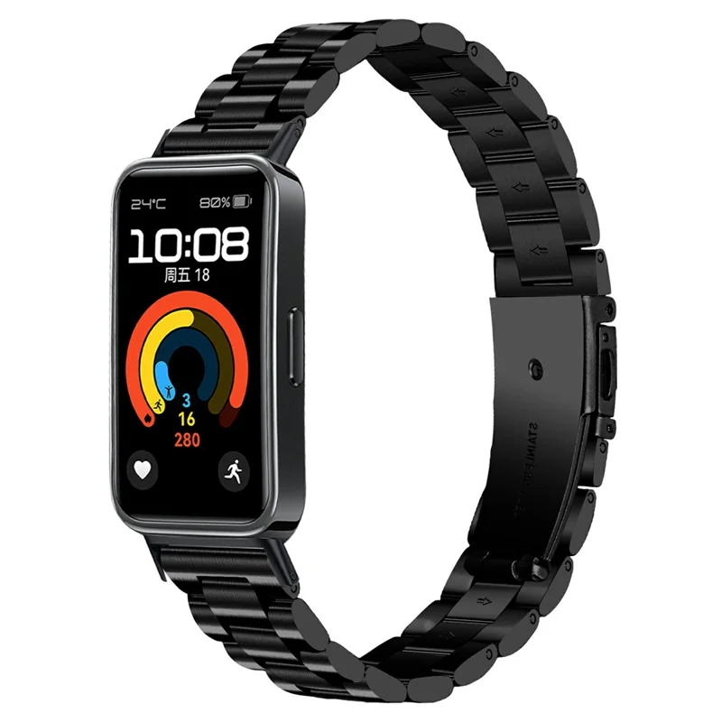 Colored Watch Band for Huawei Band 11 / 11 Pro Stainless Steel 3-Bead Metal Strap - Black
