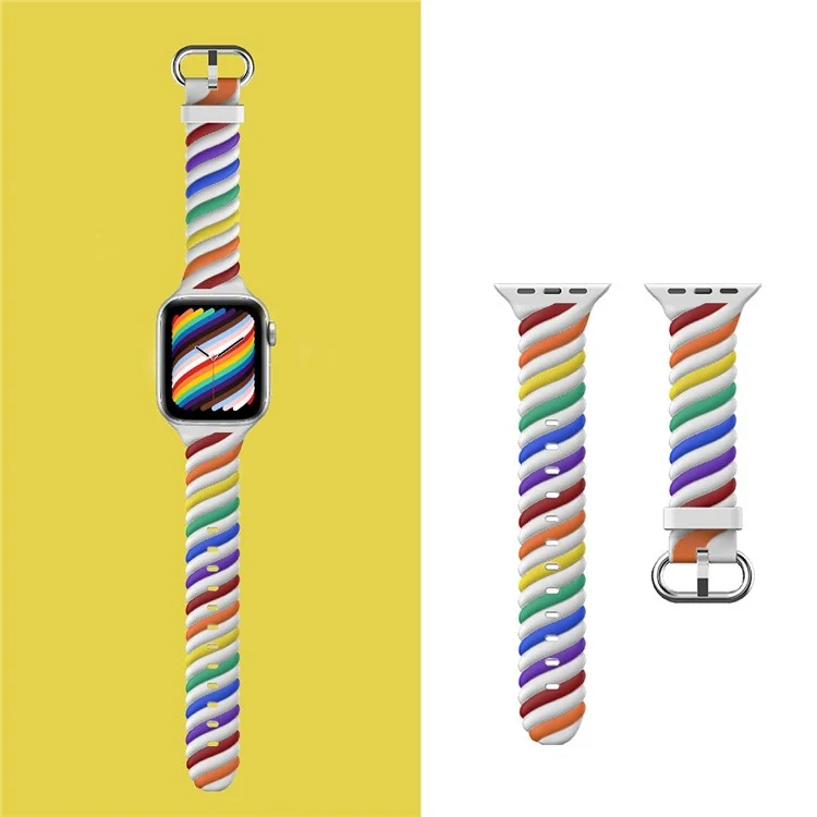 Weiche Silikon-Dual-Color-Twisted-Watchband-Ersatzarmband für Apple Watch Series 10 46mm / Ultra 2 Ultra 49mm / 9 8 7 45mm / SE (2023) SE (2022) SE 6 5 4 44mm / 3 2 1 42mm - Regenbogen / Weiß