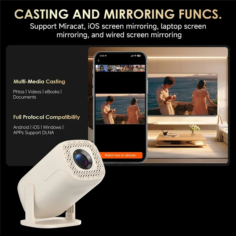 V2-Collita Mini Projector Allwinner H135 Android 14.0 200 Lumens HD 4K Support 180° Projection for Home Entertainment - US Plug