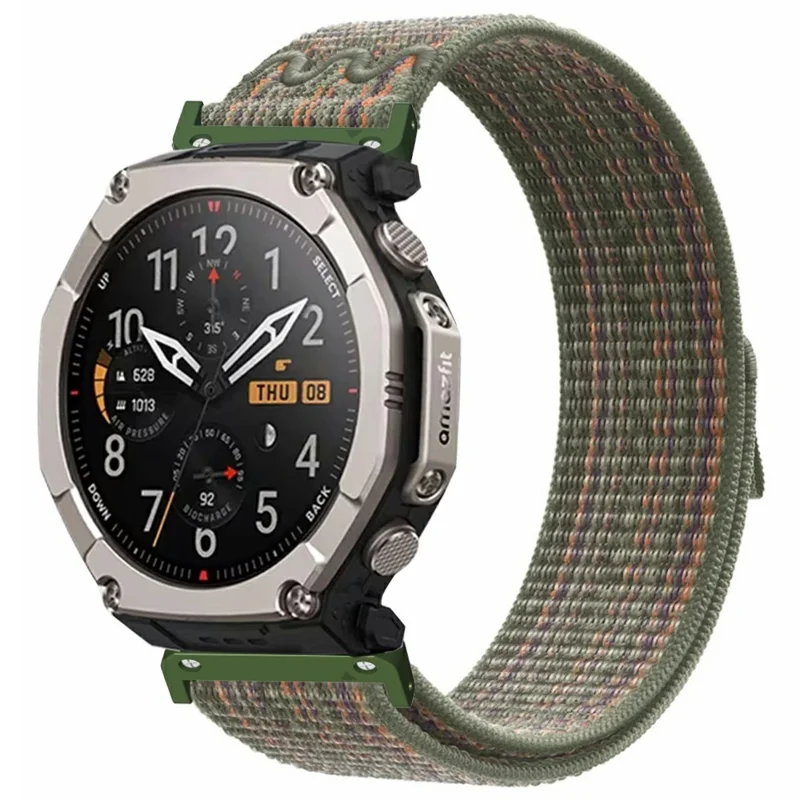 For Huami Amazfit T-Rex Ultra 2 26mm Embroidered Nylon Strap Replacement Loop Watch Band - Dark Green Orange