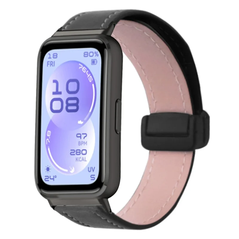 For Huawei Band 11 / 11 Pro Leather Watch Band Magnetic Folding Buckle Replacement Strap - Black