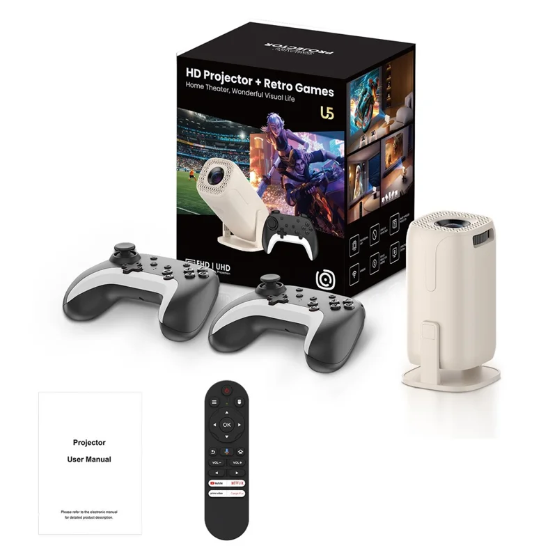 U5 Spielekonsole 2-in-1 Android 14 HD Projektor Allwinner H723 8K 200 Lumen Bildprojektionsgerät für Heimkino - EU-Stecker