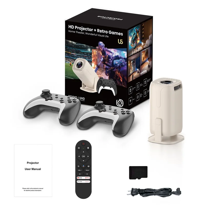 U5 Spielekonsole 2-in-1 Android 14 HD Projektor Allwinner H723 8K 200 Lumen Bildprojektionsgerät für Heimkino - EU-Stecker
