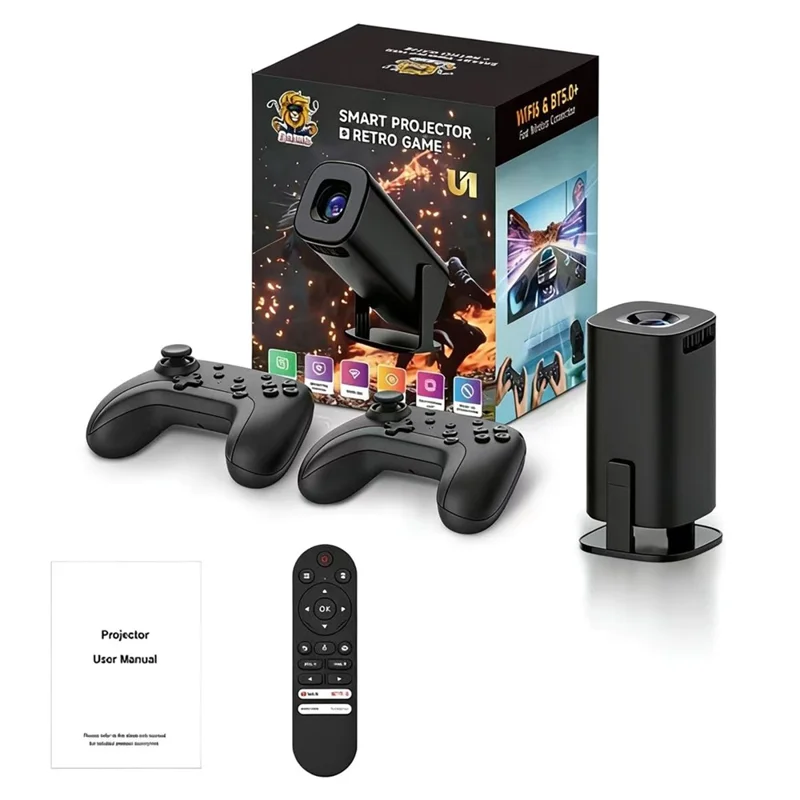 U1 4K Projector with Retro Gaming Console Allwinner H723 Android 14 200 Lumens 36000+ Games Screen Projection Device for Home Theater - EU Plug