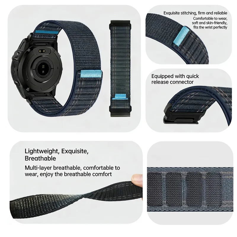 22mm Magic Tape Band for Garmin Tactix 8 47mm / Fenix 8 47mm / Fenix E 47mm Wavy Texture Nylon Loop Watch Strap - Dark Blue