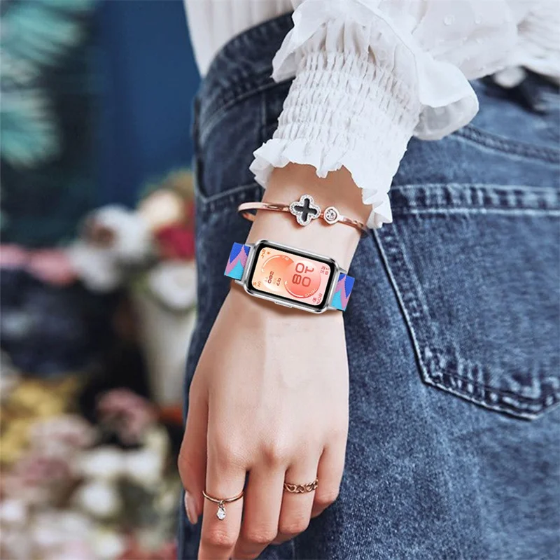 Sangle élastique réglable pour Huawei Band 11 / 11 Pro avec motif imprimé, sangle en nylon ajustable avec connecteur argenté - 1#