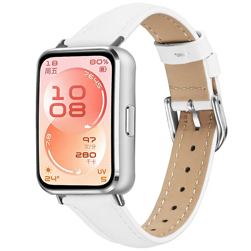 Watch Band for Huawei Band 11 Pro NFC / 11 NFC / 11 Pro / 11 Silver Buckle Slim Leather Strap - White