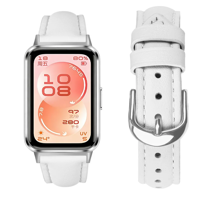 Watch Band for Huawei Band 11 Pro NFC / 11 NFC / 11 Pro / 11 Silver Buckle Slim Leather Strap - White